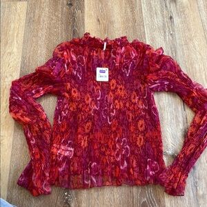 Free People Red Ruffled Long Sleeve Blouse